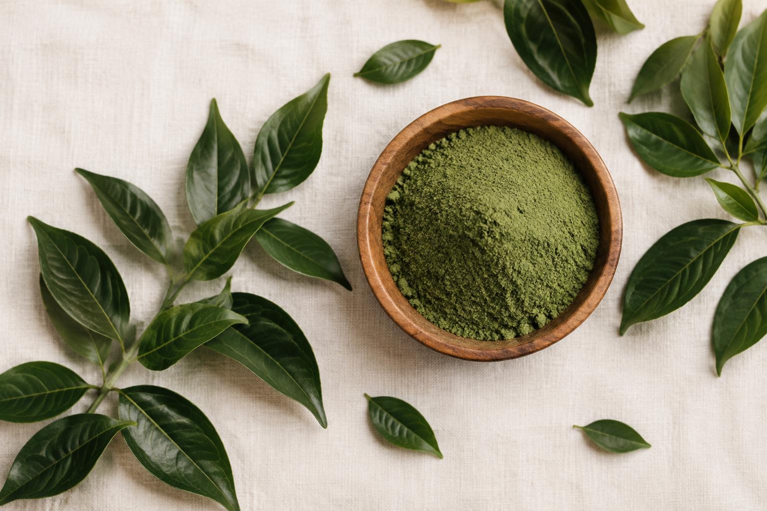 Schale mit Premium-Kratompulver und Kratomblättern